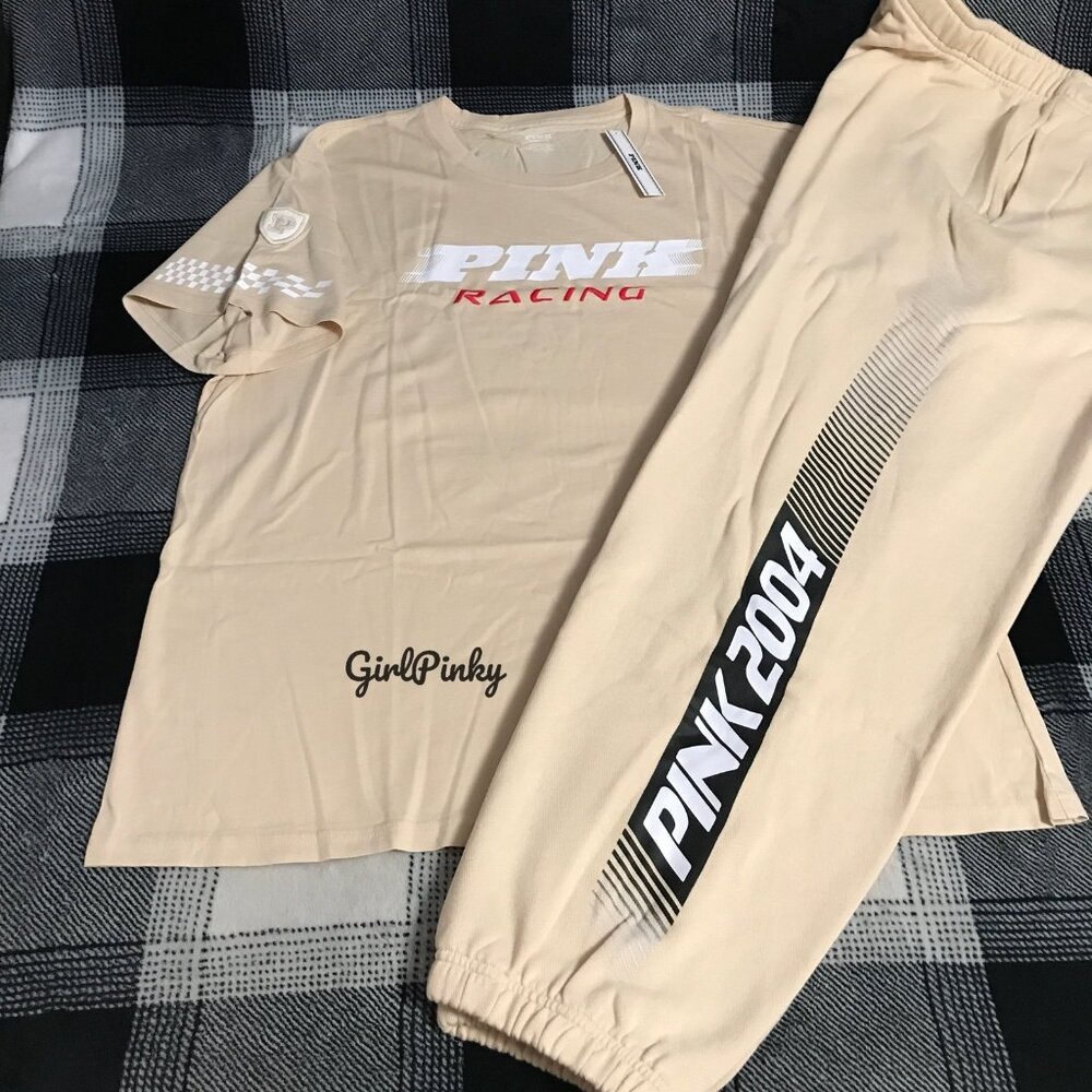 VS PINK CANPUS SWEATPANTS OUTFIT IN RACING LOGO IN CANVAS TAN IN SIZES S-XXL